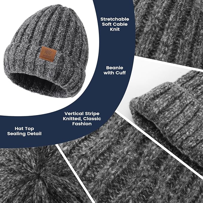 Women Winter Hat Beanie+Long Scarf+Touch Screen Gloves Set, Warm Clothes Set with Knit Fleece Lined for Women/Men Winter