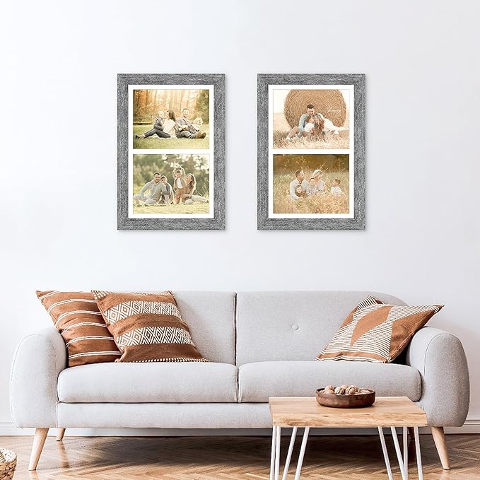 11x17 Picture Frame Display 2 opening 8X10 Double Picture Frame Collage,Multi Photo Frame with Mat,Plexiglass,Wall Mount Decor,Grey Wood Grain