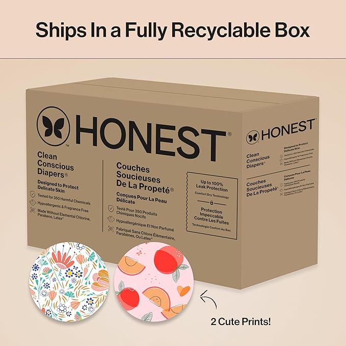 The Honest Company Clean Conscious Diapers for Sensitive Skin Up to 100% Leakproof Hypoallergenic Fragrance-Free Baby Girl Prints Super Club Box Size 3 (16–28 lbs) 120 Count