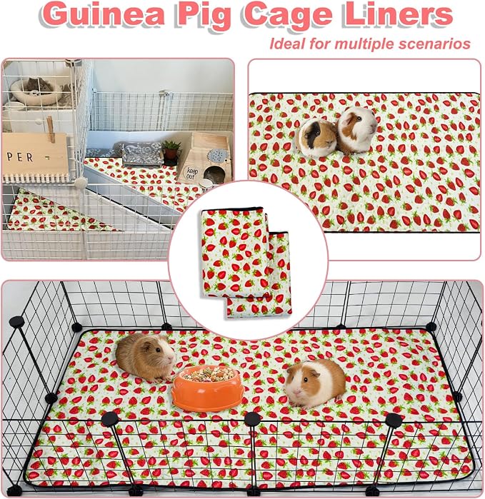 2 Pack Guinea Pig Cage Liners, 48"x 48" Washable Waterproof Bedding for Rabbit, Bunny, Hamster & Small Animals, Reusable Super Absorbent Pee Pads for C&C Cage, Strawberry Print