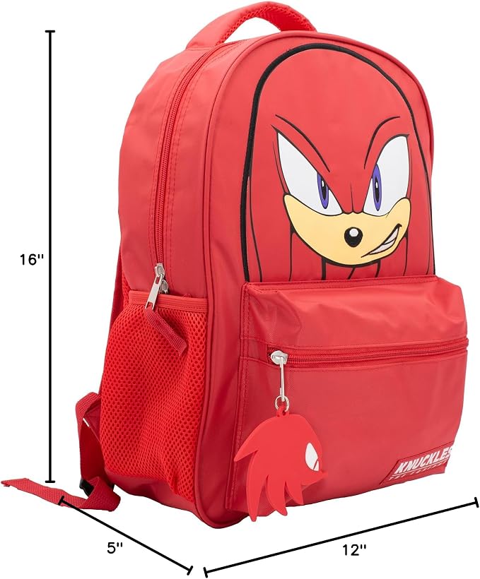 AI ACCESSORY INNOVATIONS Sonic The Hedgehog Backpack for Boys & Girls, Knuckles 16 Inch Schoolbag with 3D Features, Durable School Bag for Kids, Red