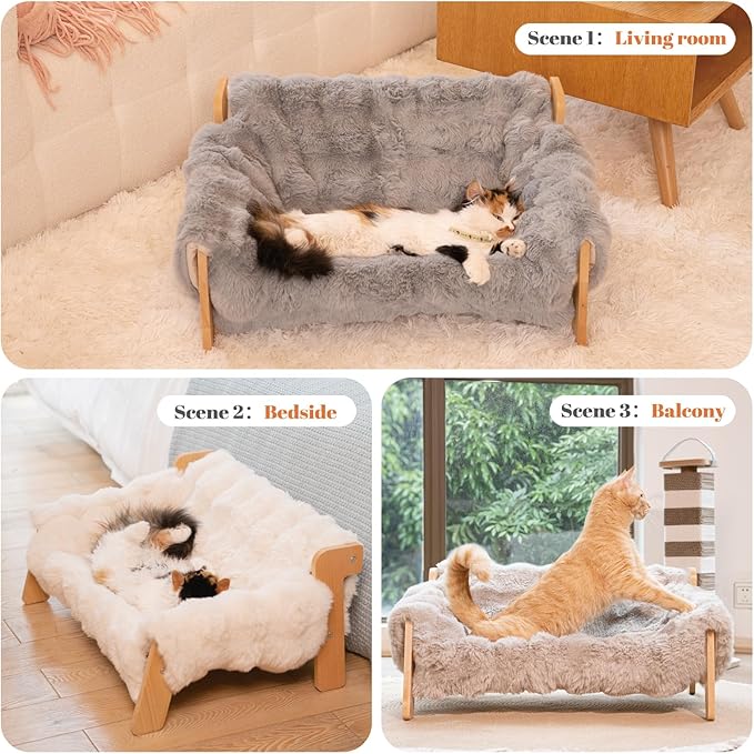 CHEERHOME PETS Elevated Cat Couch Bed Wooden Raised Kitty Sofa Lounge Chair | Washable Fluffy Cover Wooden Elevated Pet Furniture for Indoor Cats and Puppy(Dark Grey)