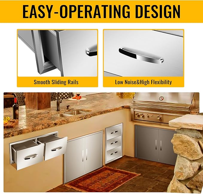 Outdoor Kitchen Drawers Stainless Steel 30W X 10H X 20D Inch, Flush Mount Double BBQ Island Drawers with Handle for Outdoor Kitchens, Patio or Grill Station