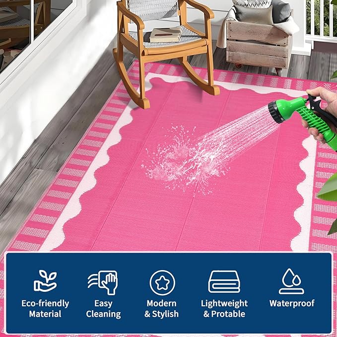 Waterproof Plastic Straw Outdoor Rug 9x18 Patio Reversible UV Resistant Foldable Camping Carpet Scalloped Border Large Outdoor Rugs for Deck, Picnic, Porch, Camper, Balcony, Beach,Rose Pink