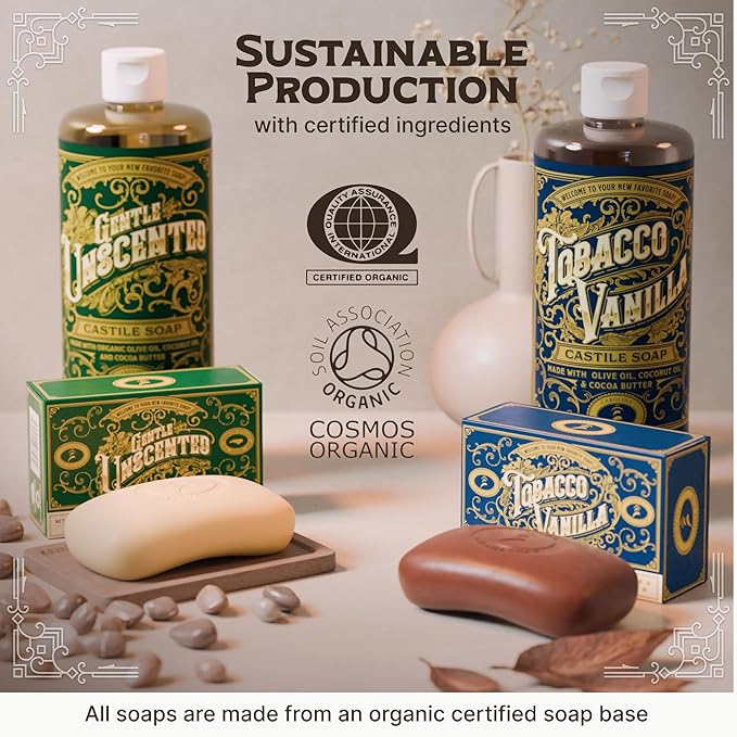 Body Wash Castile Soap Bar for Sensitive Skin – Long Lasting Natural Bar Soap for Men w/Olive Oil and Cocoa Butter - Vegan Tobacco Vanilla Scented by Carolina Castile, 5 oz Each