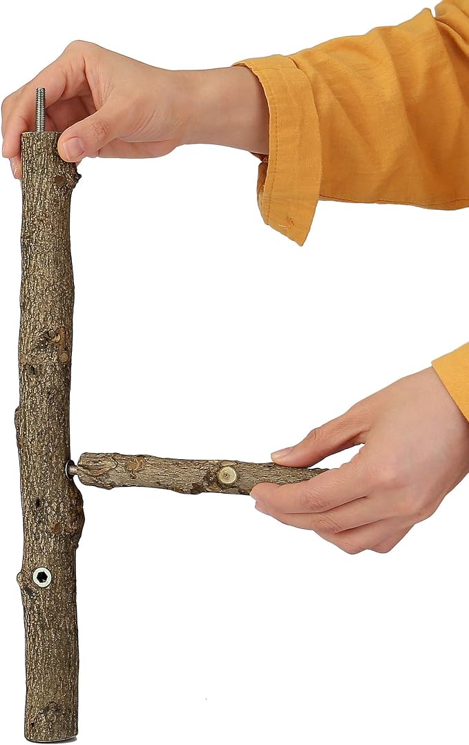 Bird Perch Stand Toy Natural Wood Bird Cage Branch Perch 14 Inch | Natural Wood Perch Stand w/ 4 Branches Bird Cage Inside Accessories Bird Toy for Parakeet Cockatiel Conure Finches Love Birds