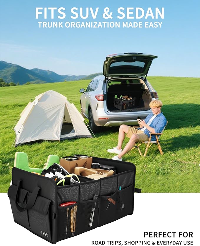 Sturdy Car Trunk Organizer β Large Capacity Trunk Organizer for SUVs & Sedans, Hard-Shell One-Piece Design with Cute Print, Collapsible and Durable Car Organizers (Black Leopard 70L)