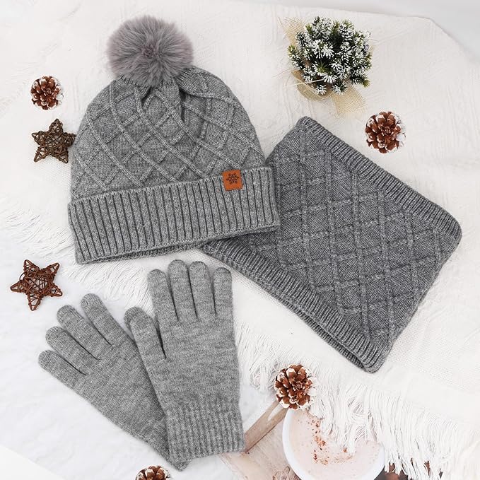 YARIEW Winter Hat Neck Warmer and Gloves Set for Women, Warm Knitted Beanie with Pom Pom, Soft Ear Warmer Scarf, Warm Gloves