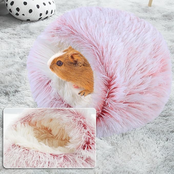Guinea Pig Hideout, Doughnut Guinea Pig Bed, Bunny Hamster Bed Stuff(Pink) | Washable Hamster Rabbit Bunny Bed with Hooded Cover, Calming Round Cave Beds for Small Animal Bunny Rabbit Hideout
