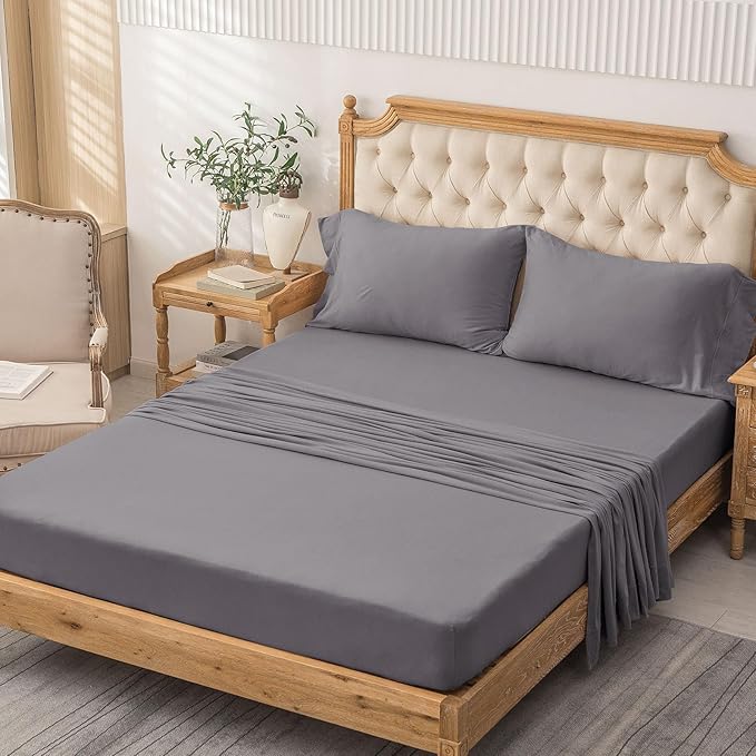 PURE ERA Jersey Knit 4pc Bed Sheet Set 100% T-Shirt Cotton Super Soft Comfy Breathable Fits Mattress Up to 20" Extra Deep Pocket (Solid Grey Purple, Queen)