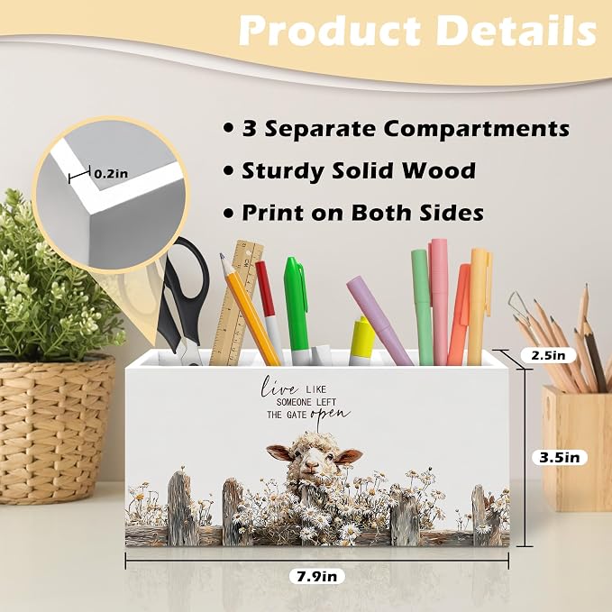 Rustic Sheep Pen Holder Organizer, Farmhouse Sheep Gifts for Women Desk Decor, Live Like Someone Left the Gate Open Wooden Pen Pencil Holders for Vintage Desk Accessories