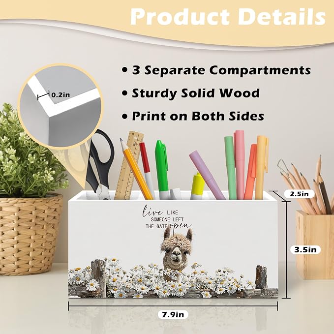 Rustic Alpaca Pen Holder Organizer, Farmhouse Alpaca Gifts for Women Desk Decor, Live Like Someone Left the Gate Open Wooden Pen Pencil Holders for Vintage Desk Accessories