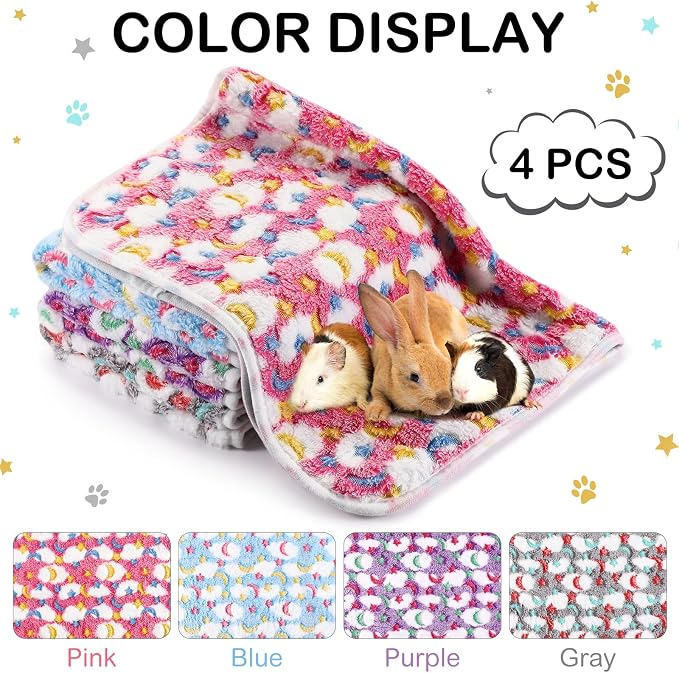 Reginary 4 Pcs Guinea Pig Fleece Blankets, Moon Star, 24 x 47 Inch | Waterproof Washable Cage Liners, Absorbent Double Layer Bedding for Guinea Pigs, Reusable Pads for Hamsters Rabbits