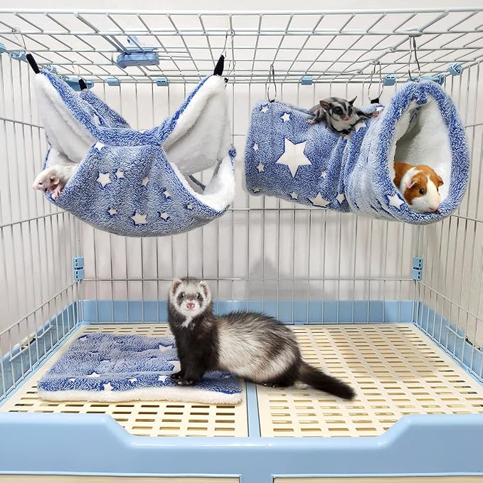 Noctilucent Luminous Guinea Pig Rat Hammock Bunkbed Hanging Tunnel and Soft Bed Mat for Ferret Hedgehog Chinchilla Squirrel Hamster Mice Sugar Glider Hideout Cage Accessories (1. Tunnel Hammock)