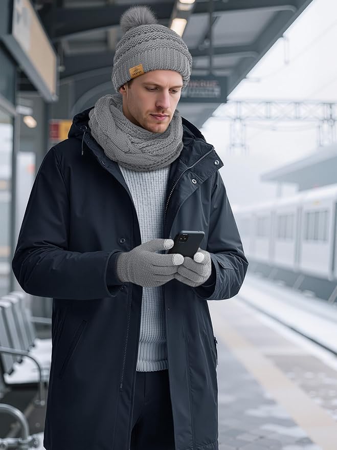 URATOT 4-In-1 Winter Warm Sets Knitted Scarf Touch Screen Gloves Beanie Pompom Hat and Winter Ear Warmer for Men or Women