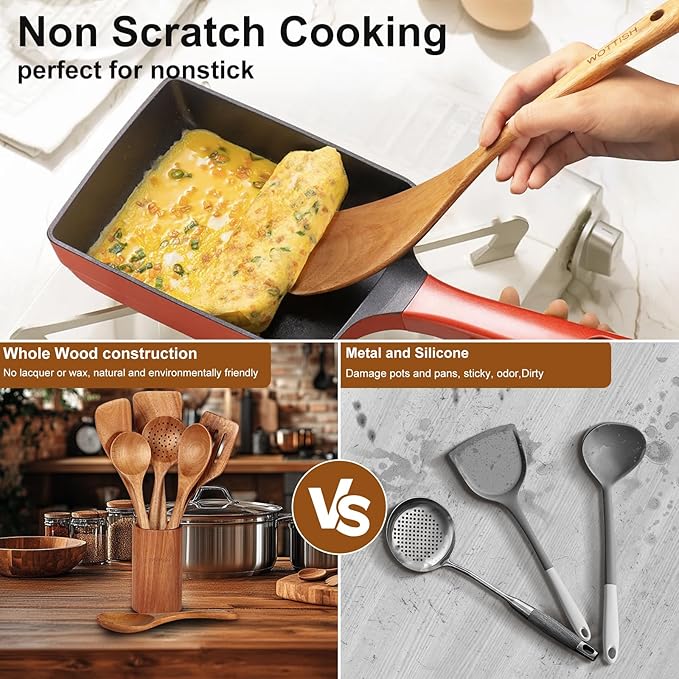 Wooden Utensil Set,WOTTISH 7Pcs Nonstick Wood Spatula,Wooden Kitchen Utensils Set Non Toxic,Wooden Spoons for Cooking(A07)