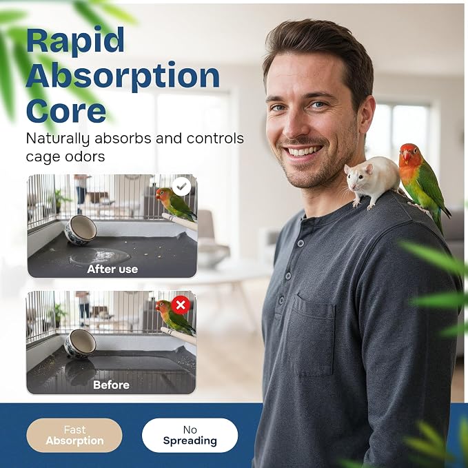 PHOBA Bamboo Charcoal Bird Cage Liners, 18''x24'', 100Sheets, Bamboo Charcoal Odor Control Papers, Super Absorbent Disposable Tray Mats for Parrots, Parakeets, Cockatiels.