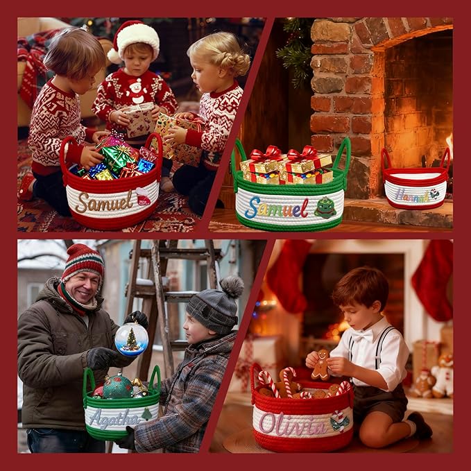 Personalized Christmas Baskets with Name Custom Cotton Rope Basket for Xmas Decor with Family Customizable Woven Gift Basket for Holiday Christmas Dec, Baby Shower, S