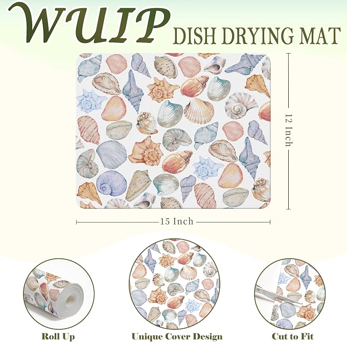 Colorful Seashell Dish Drying Mats for Kitchen Counter, Coastal Beach Conch Shell Absorbent Reversible Coffee Bar Mat Drying Pad for Kitchen Decor, 12x15 Inch