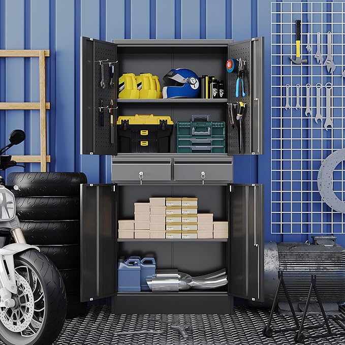 Garage Storage Cabinet with 2 Drawers and Pegboard, Locking Metal Storage Cabinet with Doors and 2 Adjustable Shelves, 71" H Steel Tool Cabinets for Garage, Home, Black, Assembly Required