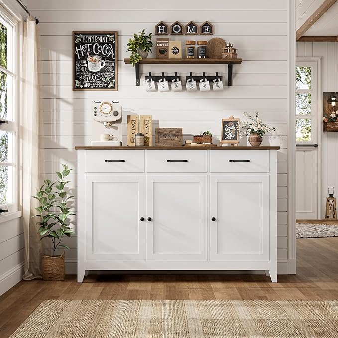 HORSTORS 47" Buffet Cabinet with Storage, Kitchen Buffet Table with Drawers, Modern Farmhouse Coffee Bar Storage Cabinet with Adjustable Shelf, Wood Sideboard for Dining Room, Kitchen, Entryway, White
