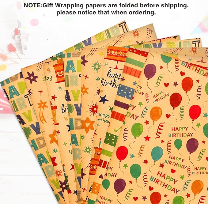 Recyclable Gift Wrap Set with Gift Tags & String - Birthday Wrap for Men, Women, Kids (6 Sheets, 28"Lx20"W per Sheet)