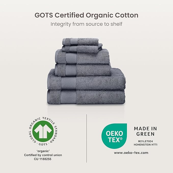 BIOWEAVES 100% Organic Cotton 700 GSM Plush Bath Towels 30" x 58" GOTS Certified - Charcoal, Pack of 2