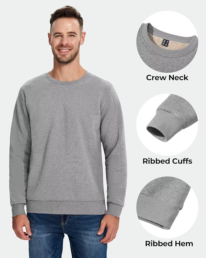 Boladeci Men's Full Sherpa Lined Crewneck Sweatshirts Heavy-weight Fleece Pullover Thick Thermal Long Sleeve Cotton