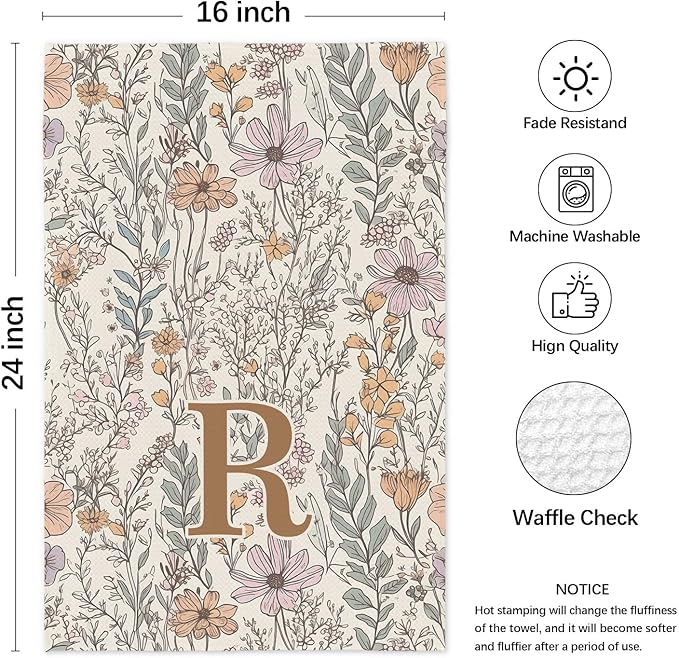Initial R Personalized Floral Kitchen Towels Dish Towel, Custom Hand Towels for Bathroom, Monogrammed Gifts for Women Mom, Boho Floral Decorative Kitchen Towels Tea Towel, 16x24 Inch