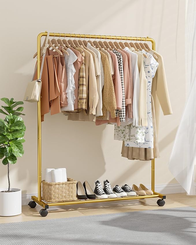 Clothes Rack - Clothing Rack with Storage Mesh Shelf & Casters, Heavy-Duty Metal Clothing Rack for Hanging Clothes, Dresses, Coats, Large Load Capacity, Easy Assembly, Gold, 44.3"x16.9"x59.0"