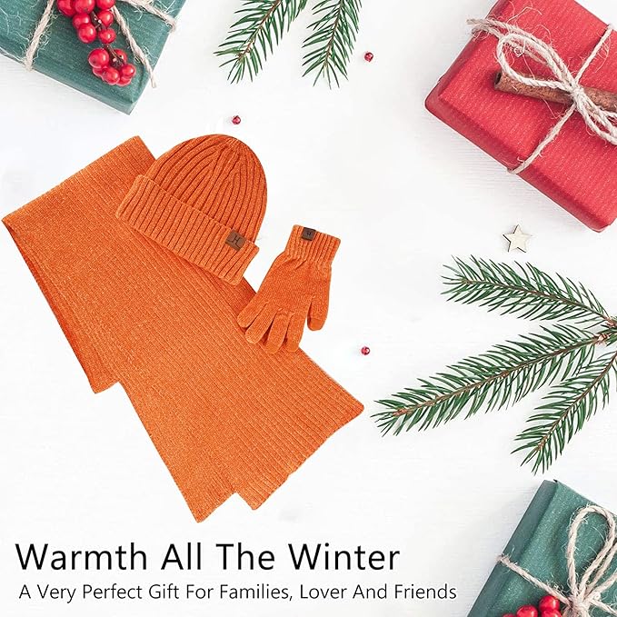 Womens Winter Knit Warm Hat Beanie Long Scarf Touch Screen Gloves Set Skull Caps Neck Scarves for Women