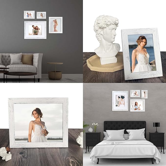 iRahmen 5x7 Picture Frame Set of 4, High Definition Glass Distressed White Frame, 5 x 7 Wood Photo Frames for Tabletop Display and Wall Mounting