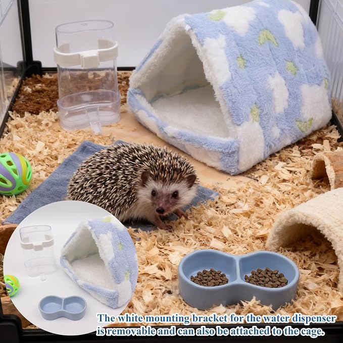 Hedgehog Bed Cave Nest Hideout Hedgehog Accessories Ball Toy Pet Water Dispenser and Pet Bowl, Washable Warm Small Animals House Cage Accessories for Hedgehogs Guinea Pigs Hamsters