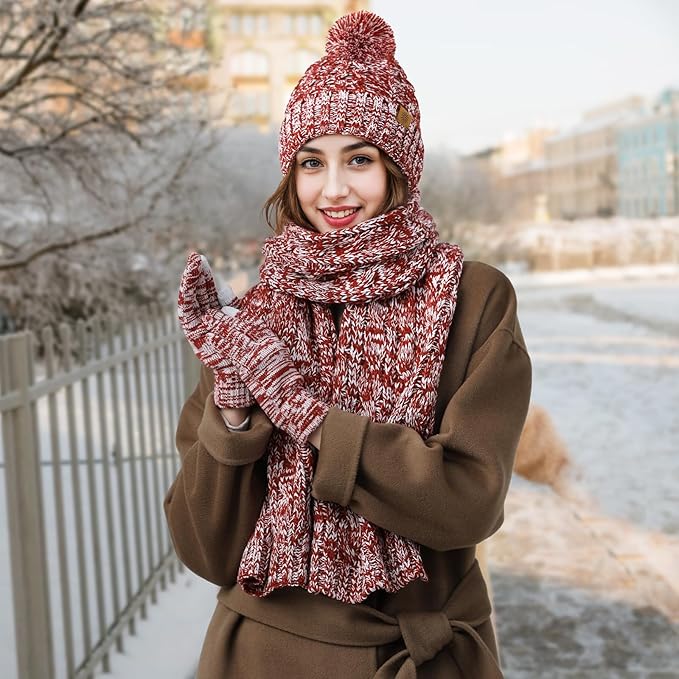 Tavaleu Womens Winter Beanie Hat Scarf Gloves Set, Pom Pom Beanie Warm Knit Scarf Touchscreen Gloves for Cold Weather