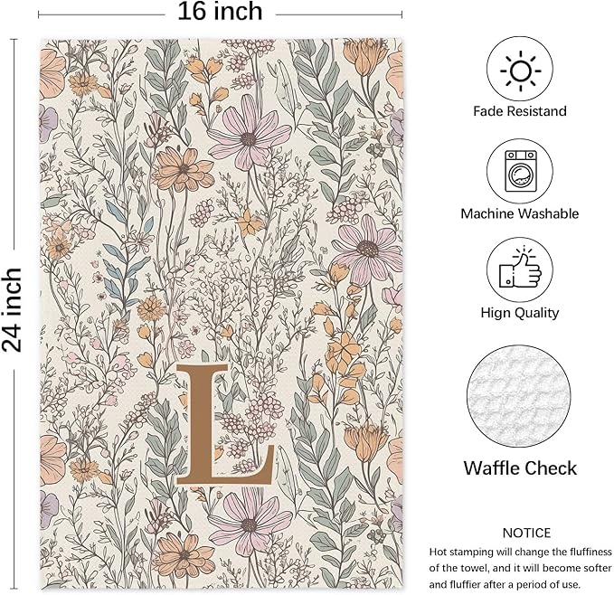 Initial L Personalized Floral Kitchen Towels Dish Towel, Custom Hand Towels for Bathroom, Monogrammed Gifts for Women Mom, Boho Floral Decorative Kitchen Towels Tea Towel, 16x24 Inch