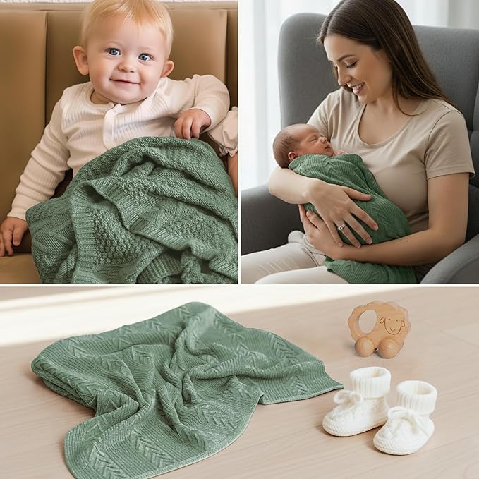 Organic Cotton Baby Blanket - 31.5 x 43.3 Inches, Soft Knitted Crib Blanket for Boys & Girls, Breathable Design (Green)