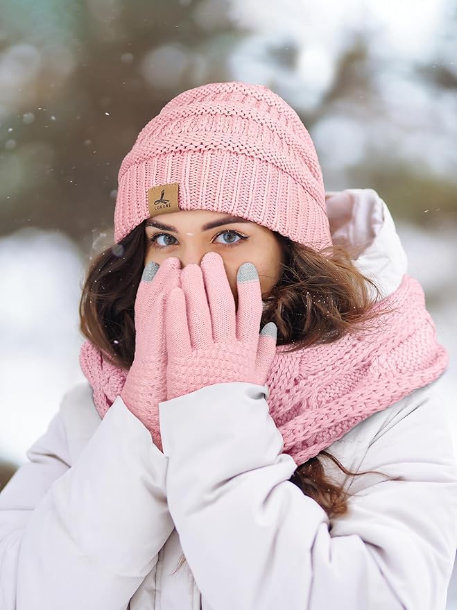 Winter Beanie Hat Scarf Gloves, Warm Fleece Knit Hats Touch Screen Gloves Neck Scarf Set Winter Gifts for Unisex Adult