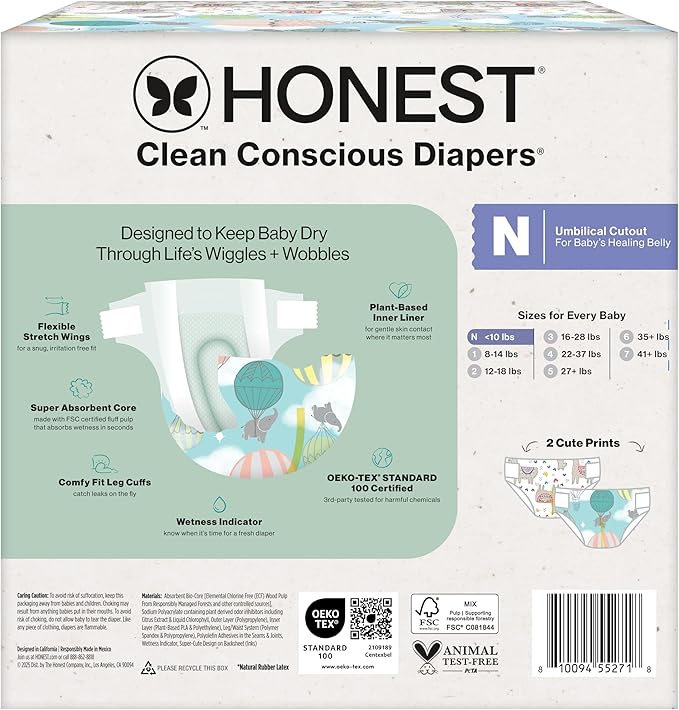 The Honest Company Clean Conscious Diapers for Delicate Skin Up to 100% Leakproof Hypoallergenic Fragrance-Free Baby Gender Neutral Prints Club Box Size Newborn 72 Count (Prints