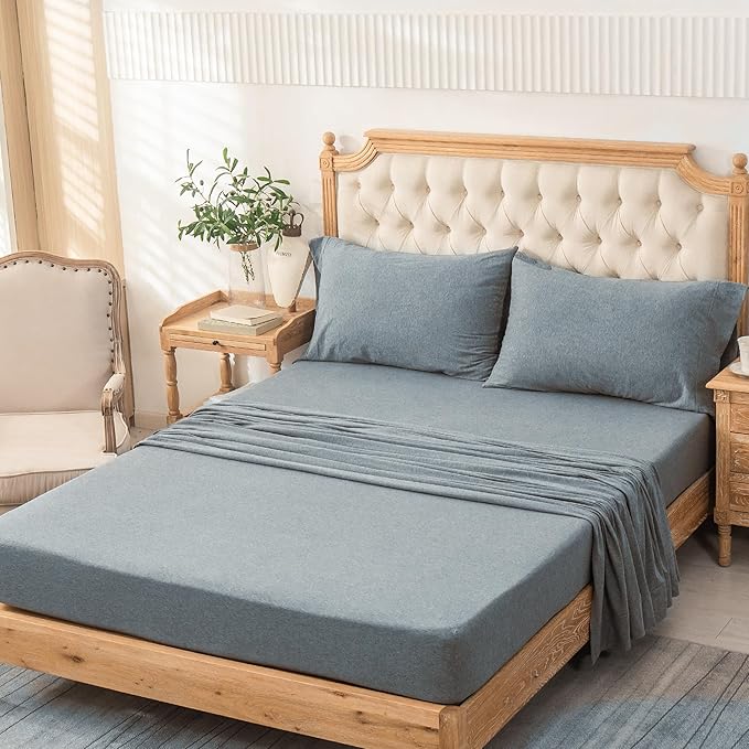 PURE ERA Jersey Knit 4pc Bed Sheet Set 100% T-Shirt Cotton Super Soft Comfy Breathable Fits Mattress Up to 20" Extra Deep Pocket (Heather Blueish Grey, King)