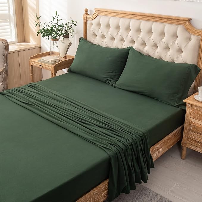 PURE ERA Jersey Knit 4pc Bed Sheet Set 100% T-Shirt Heather Cotton Super Soft Comfy Breathable Fits Mattress Up to 20" Extra Deep Pocket (Forest Green, Full)