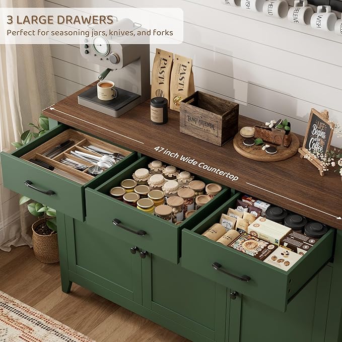HORSTORS 47" Buffet Cabinet with Storage, Kitchen Buffet Table with Drawers, Modern Farmhouse Coffee Bar Storage Cabinet with Adjustable Shelf, Wood Sideboard for Dining Room, Kitchen, Entryway, Green