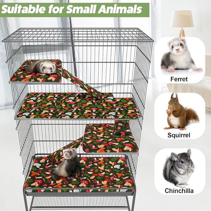 Bienbee Ferret Cage Liner Set, Leakproof Ferrets Cage Accessories for Small Animals Rats Chinchillas Hedgehogs Ferrets(Green Mushroom, Double Unit Combo)