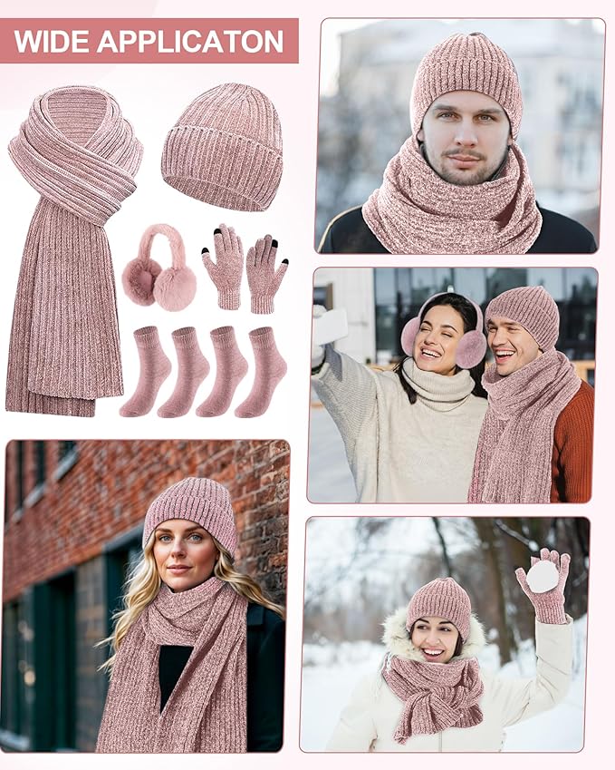 Geyoga 6 Pcs Winter Knit Set Beanie Hat Long Scarf Touchscreen Gloves Ear Muff Socks Warm Valentine Gift for Women Men Snow(Pink,Classic Style)