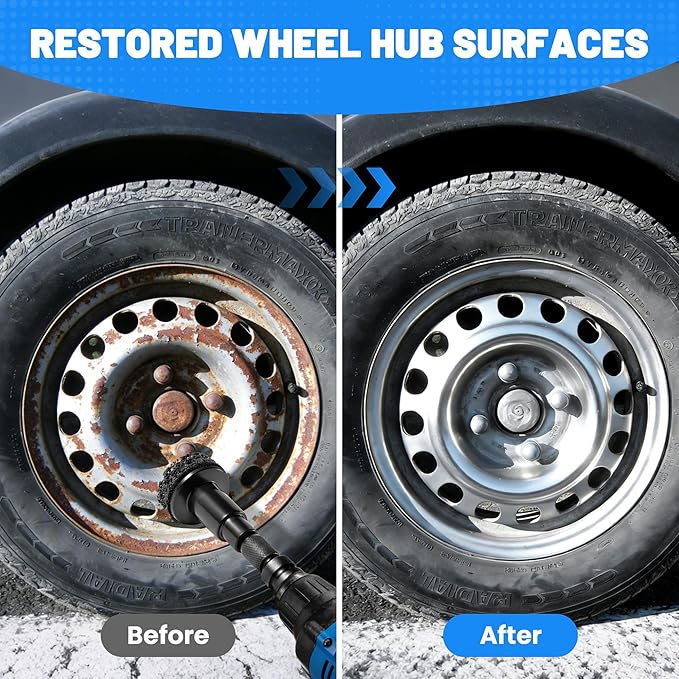 Wheel Hub Cleaning Tool Kit, Drill-Powered Wheel Stud Cleaner Includes 5 Pads, Fits Power Drill & 1/2" Impact Driven Wrenches, Quick Rust Removal, Surface Resurfacing for Lug Stud and Rotor