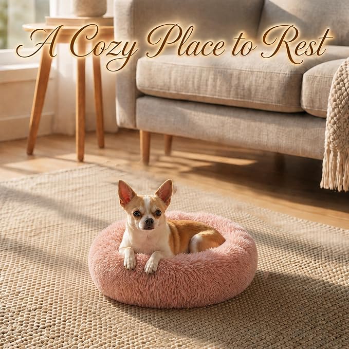 Tiny Dog Bed for Extra Small Dogs for Chihuahua Pomeranian Toy Poodle | 15 Inch Washable Puppy Bed,Soft Faux Fur Calming Donut Bed,Pink