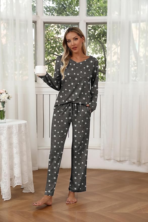 Ekouaer Womens 2 Pack Pajama Set Long Sleeve Pajamas Top and Pants V Neck Pjs Set Soft Loungewear with Pockets