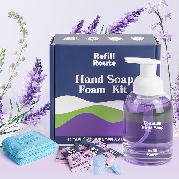 Foam Soap Refill with Dispenser Hand Wash Set, 12 Foaming Hand Soap Refills Tablets +1 Glass Foaming Dispenser +2 Microfiber Cloths, Make 96 fl oz - No Plastic, Cleansing & Moisturizing, Lavender