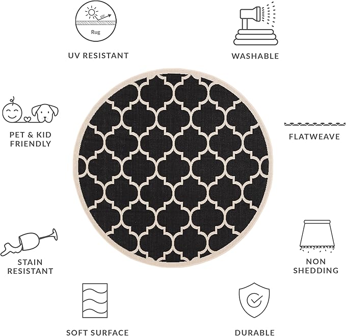 SAFAVIEH Washable Rug Outdoor Courtyard Collection - 5'3" Round, Black & Beige, Non-Shedding & Easy Cleaning, Ideal for Patio, Backyard, Mudroom (CY6914-266)