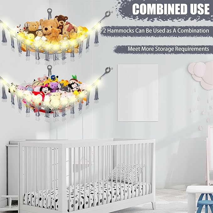 CERETIA Stuffed Animal Hammock with LED Light, Large Stuffed Animals Storage Corner Plushie Net for Kids Room Decor, 2 Packs Grey