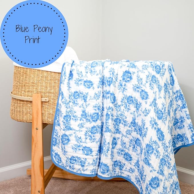 LollyBanks Muslin Baby Blanket 100% Organic Cotton, Muslin Quilt Lightweight, Muslin Blanket for Girls, 6 Layers Baby Blankets 47"x 47", Soft Nursery Receiving Blankets (Blue Peony Print)